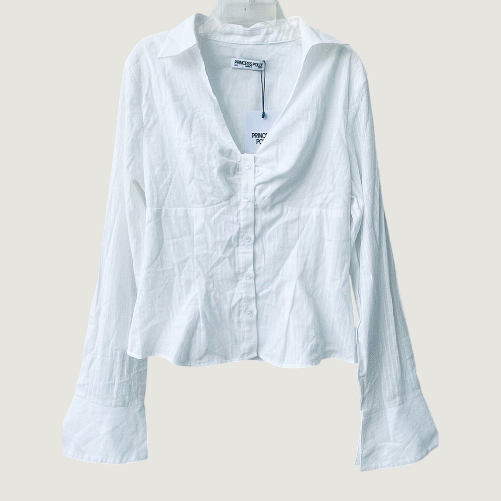 Princess Polly White Pinstripe Button Down Long Sleeve Ruched Blouse Women 4 NWT